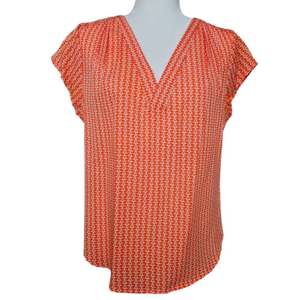 2/$30 Antilia Femme orange white geometrical pattern V-neck cap sleeve size M